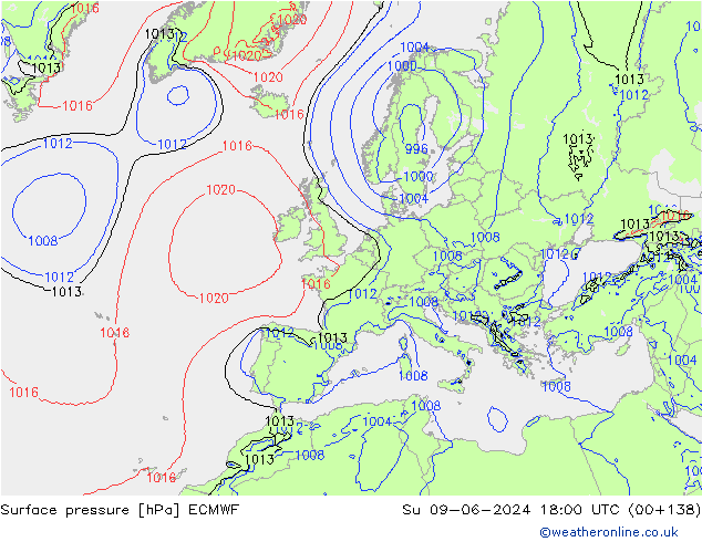 Atmosférický tlak ECMWF Ne 09.06.2024 18 UTC