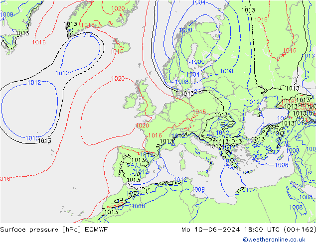 Atmosférický tlak ECMWF Po 10.06.2024 18 UTC