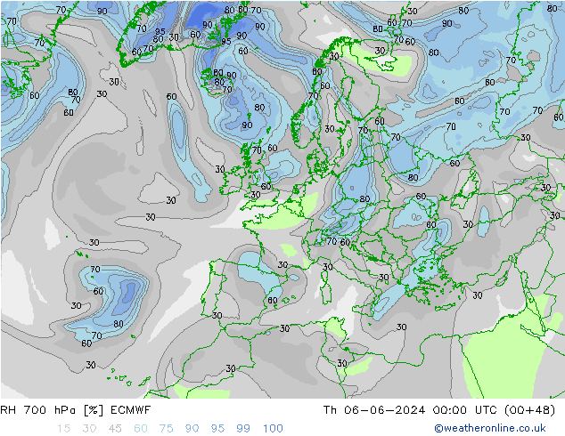 RH 700 hPa ECMWF Čt 06.06.2024 00 UTC