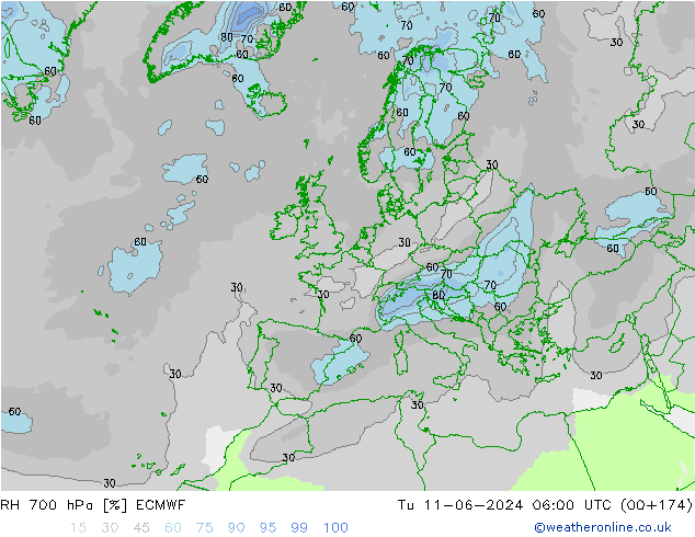 RH 700 hPa ECMWF Tu 11.06.2024 06 UTC