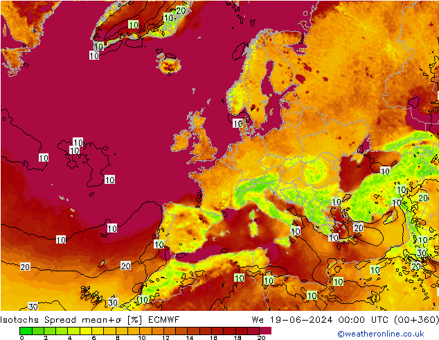 Isotachs Spread ECMWF mer 19.06.2024 00 UTC