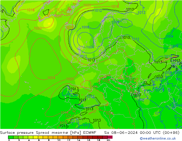 Pressione al suolo Spread ECMWF sab 08.06.2024 00 UTC