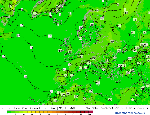 température 2m Spread ECMWF sam 08.06.2024 00 UTC