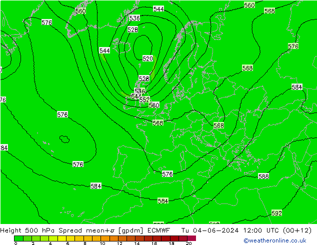 Height 500 hPa Spread ECMWF Tu 04.06.2024 12 UTC