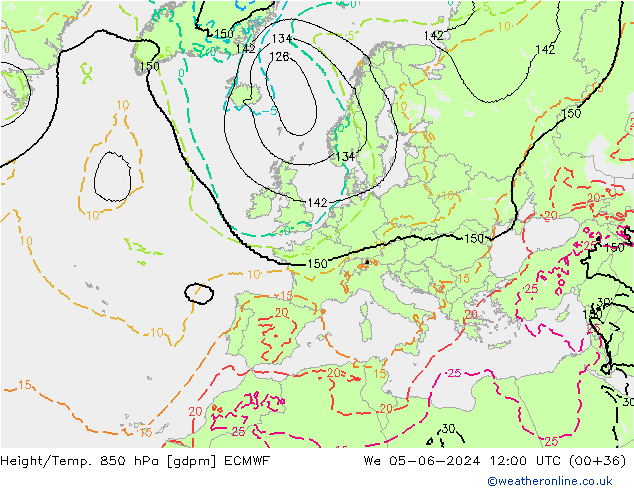 Height/Temp. 850 hPa ECMWF Qua 05.06.2024 12 UTC