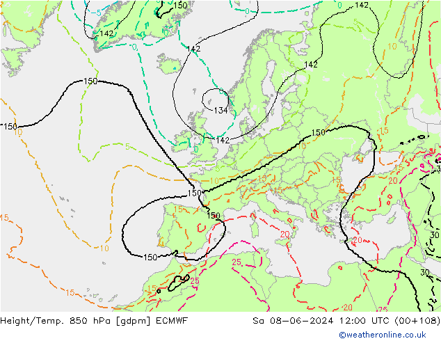 Geop./Temp. 850 hPa ECMWF sáb 08.06.2024 12 UTC