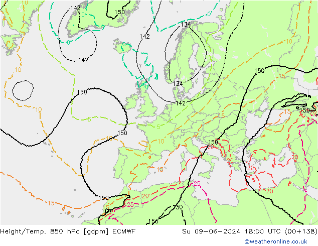 Yükseklik/Sıc. 850 hPa ECMWF Paz 09.06.2024 18 UTC