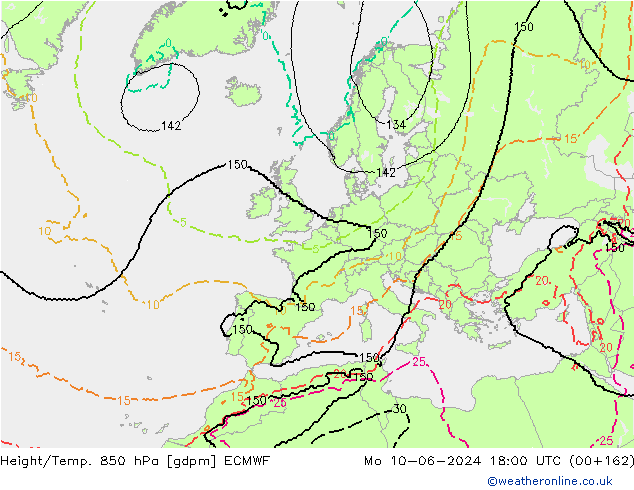 Height/Temp. 850 hPa ECMWF pon. 10.06.2024 18 UTC