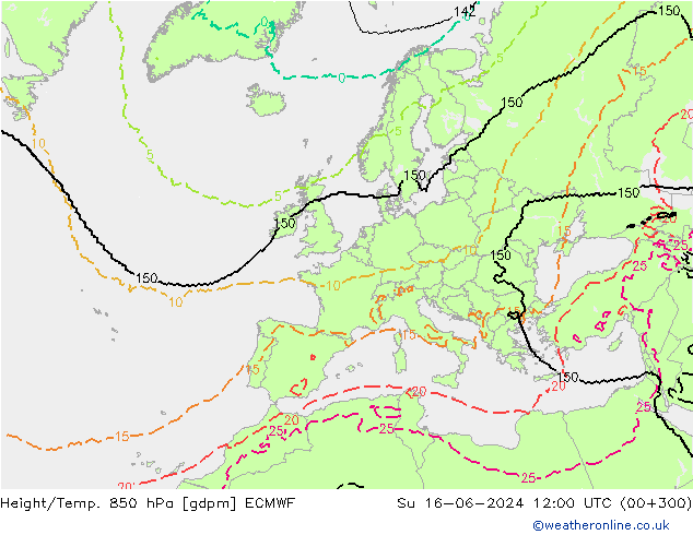 Hoogte/Temp. 850 hPa ECMWF zo 16.06.2024 12 UTC