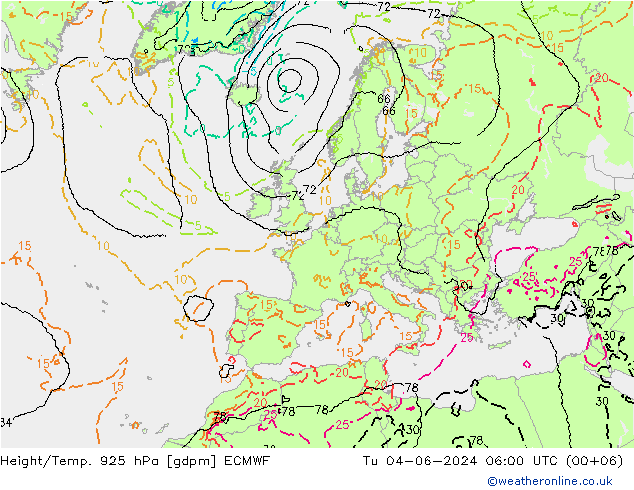 Height/Temp. 925 hPa ECMWF mar 04.06.2024 06 UTC