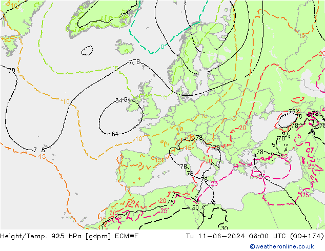 Height/Temp. 925 hPa ECMWF Tu 11.06.2024 06 UTC