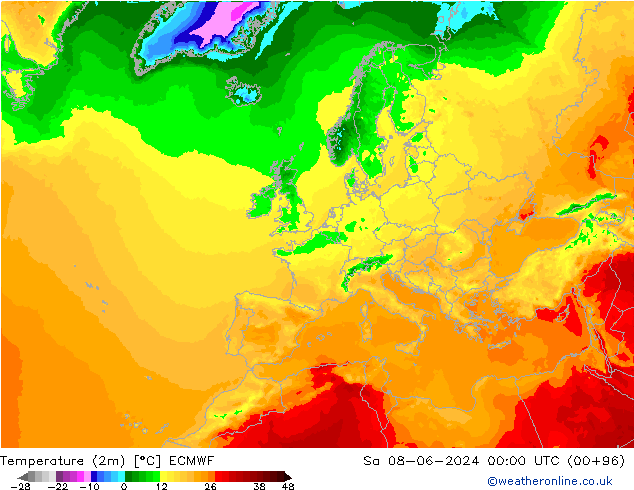 Temperature (2m) ECMWF Sa 08.06.2024 00 UTC