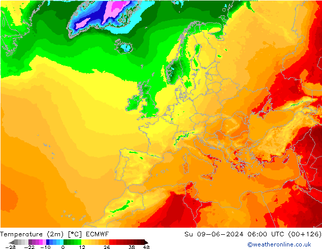 Temperature (2m) ECMWF Su 09.06.2024 06 UTC