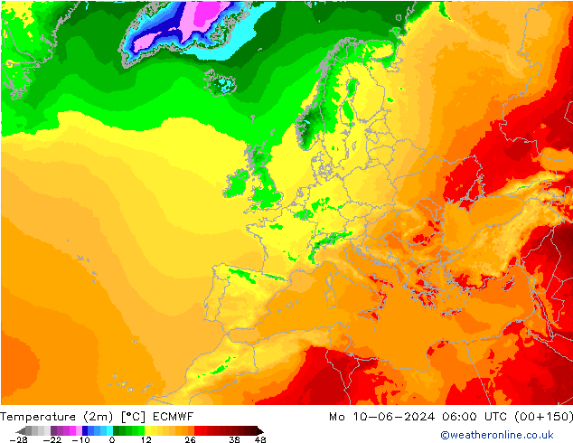 Temperatuurkaart (2m) ECMWF ma 10.06.2024 06 UTC