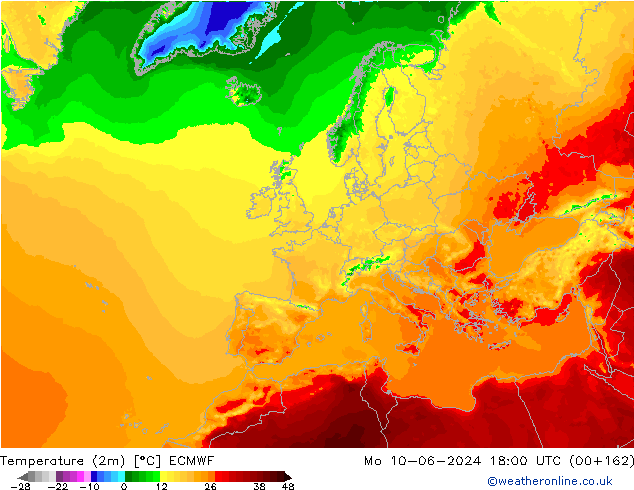 Temperature (2m) ECMWF Mo 10.06.2024 18 UTC