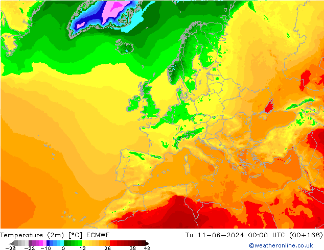 mapa temperatury (2m) ECMWF wto. 11.06.2024 00 UTC