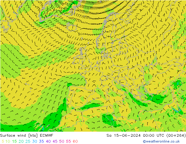 Wind 10 m ECMWF za 15.06.2024 00 UTC