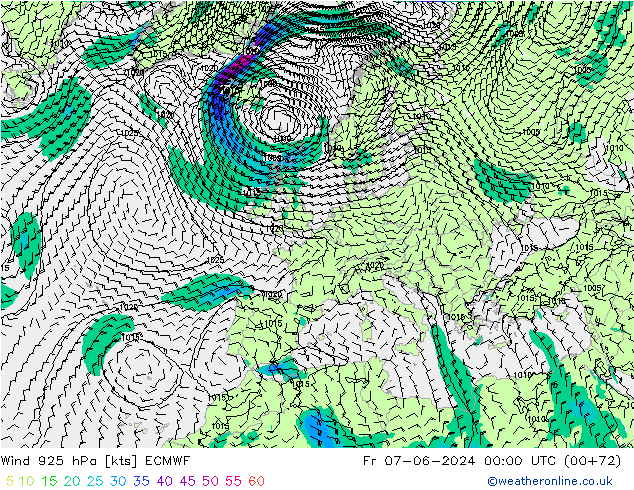 Vento 925 hPa ECMWF ven 07.06.2024 00 UTC