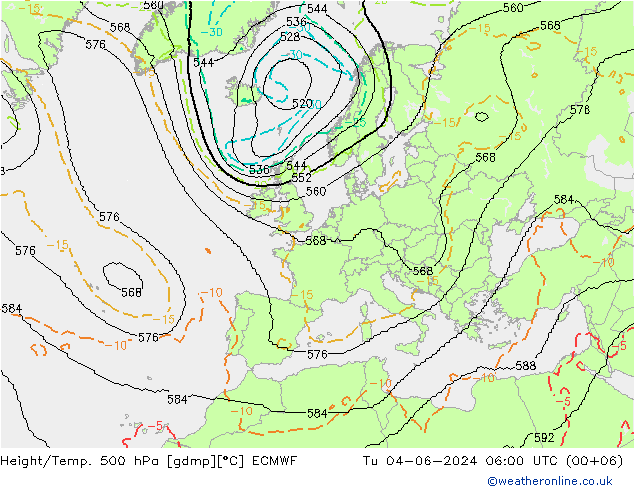 Height/Temp. 500 hPa ECMWF Di 04.06.2024 06 UTC