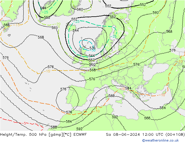 Height/Temp. 500 hPa ECMWF So 08.06.2024 12 UTC