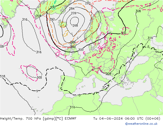 Geop./Temp. 700 hPa ECMWF mar 04.06.2024 06 UTC