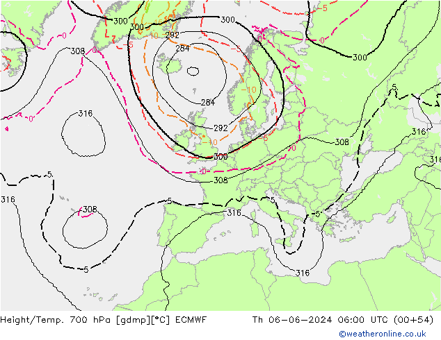 Geop./Temp. 700 hPa ECMWF jue 06.06.2024 06 UTC