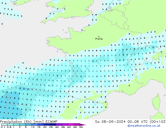 Precipitation (6h) ECMWF Sa 08.06.2024 06 UTC