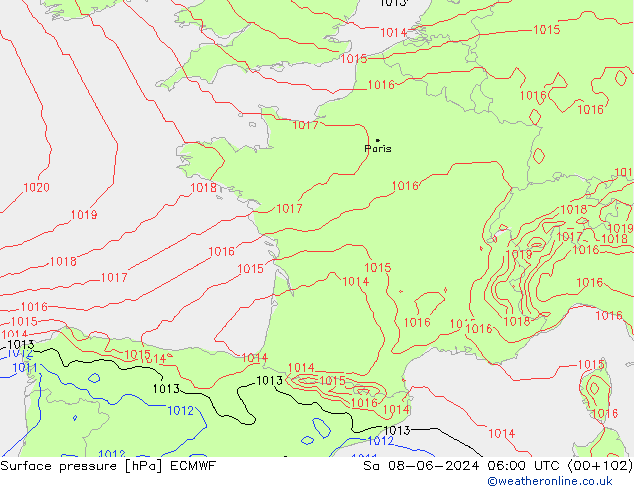 Surface pressure ECMWF Sa 08.06.2024 06 UTC