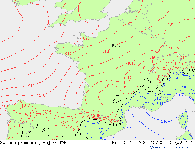 Luchtdruk (Grond) ECMWF ma 10.06.2024 18 UTC