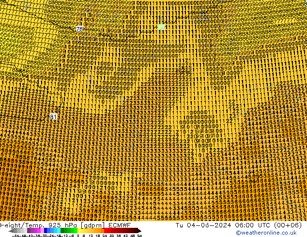 Height/Temp. 925 hPa ECMWF Di 04.06.2024 06 UTC