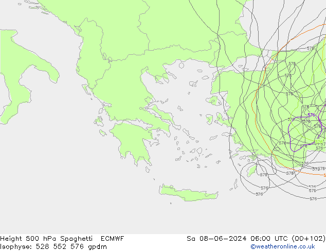 Height 500 hPa Spaghetti ECMWF so. 08.06.2024 06 UTC