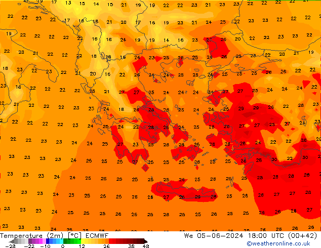 Temperatuurkaart (2m) ECMWF wo 05.06.2024 18 UTC