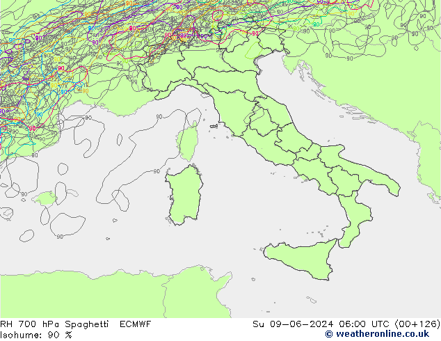 RH 700 hPa Spaghetti ECMWF  09.06.2024 06 UTC