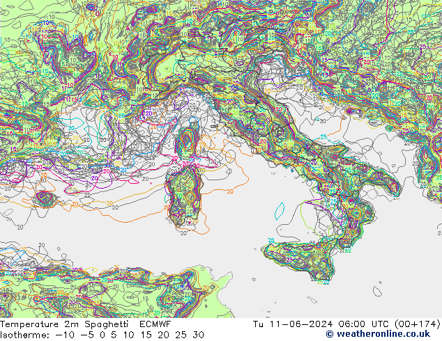 Temperature 2m Spaghetti ECMWF Tu 11.06.2024 06 UTC