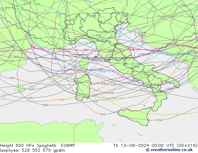 Height 500 hPa Spaghetti ECMWF  13.06.2024 00 UTC