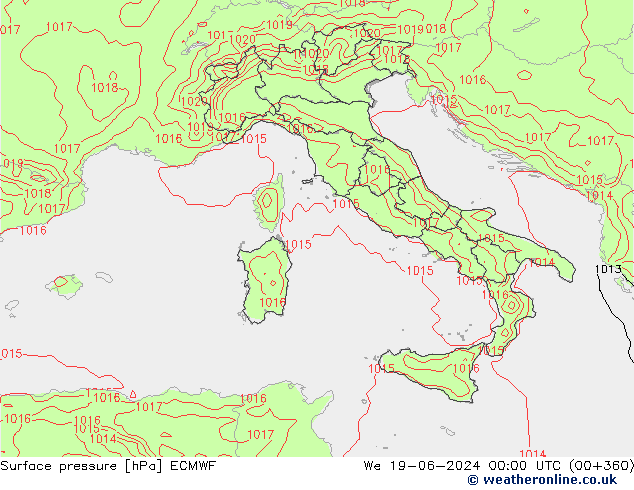 Presión superficial ECMWF mié 19.06.2024 00 UTC