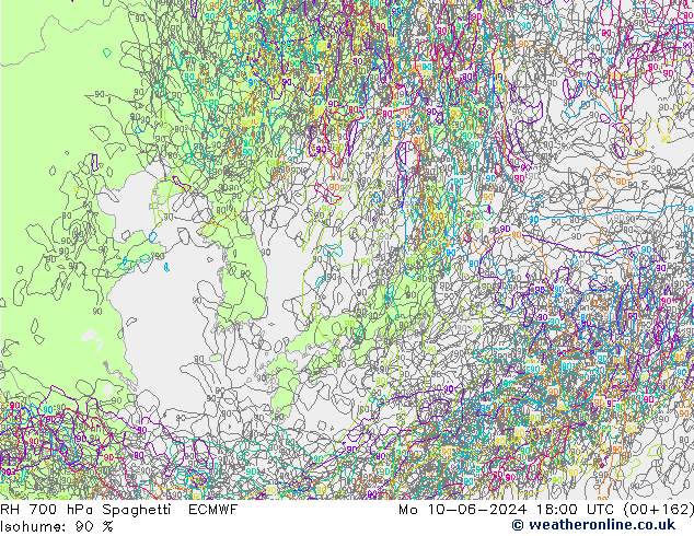 RH 700 гПа Spaghetti ECMWF пн 10.06.2024 18 UTC