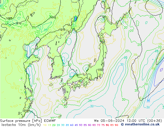 Isotachs (kph) ECMWF St 05.06.2024 12 UTC