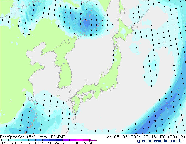 Totale neerslag (6h) ECMWF wo 05.06.2024 18 UTC