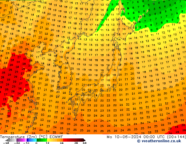 Temperatuurkaart (2m) ECMWF ma 10.06.2024 00 UTC