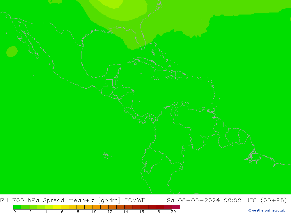 Humedad rel. 700hPa Spread ECMWF sáb 08.06.2024 00 UTC