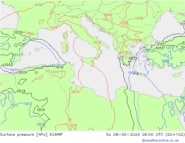 Presión superficial ECMWF sáb 08.06.2024 06 UTC