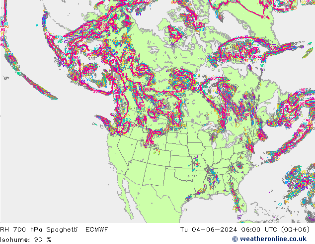 RH 700 hPa Spaghetti ECMWF Di 04.06.2024 06 UTC