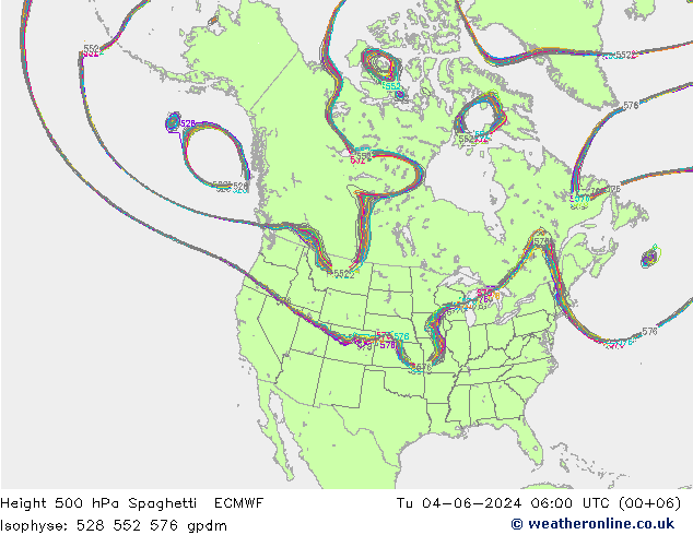 Height 500 hPa Spaghetti ECMWF Út 04.06.2024 06 UTC