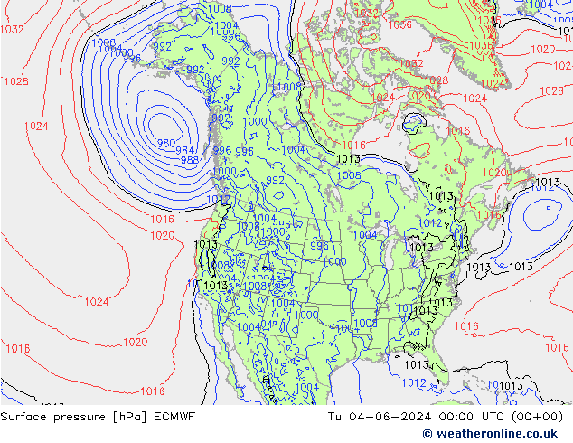 Surface pressure ECMWF Tu 04.06.2024 00 UTC