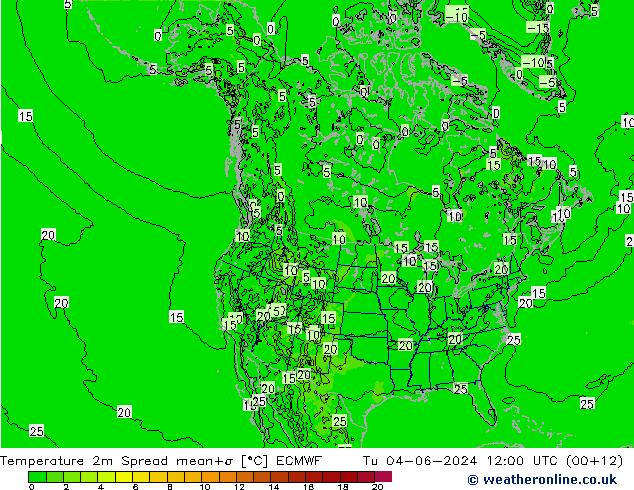 mapa temperatury 2m Spread ECMWF wto. 04.06.2024 12 UTC