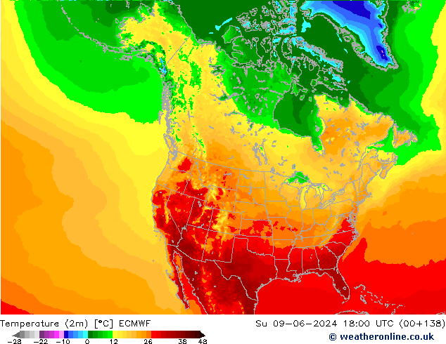 mapa temperatury (2m) ECMWF nie. 09.06.2024 18 UTC