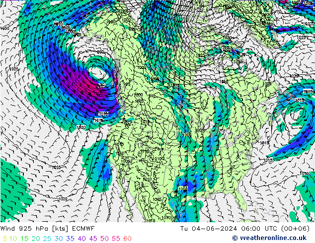 Wind 925 hPa ECMWF Tu 04.06.2024 06 UTC