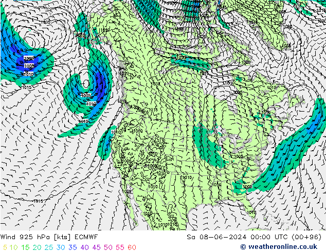 ветер 925 гПа ECMWF сб 08.06.2024 00 UTC