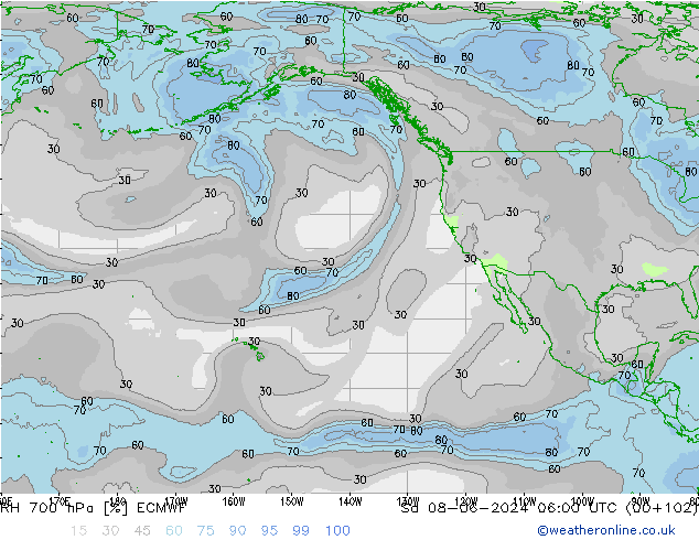 RH 700 гПа ECMWF сб 08.06.2024 06 UTC